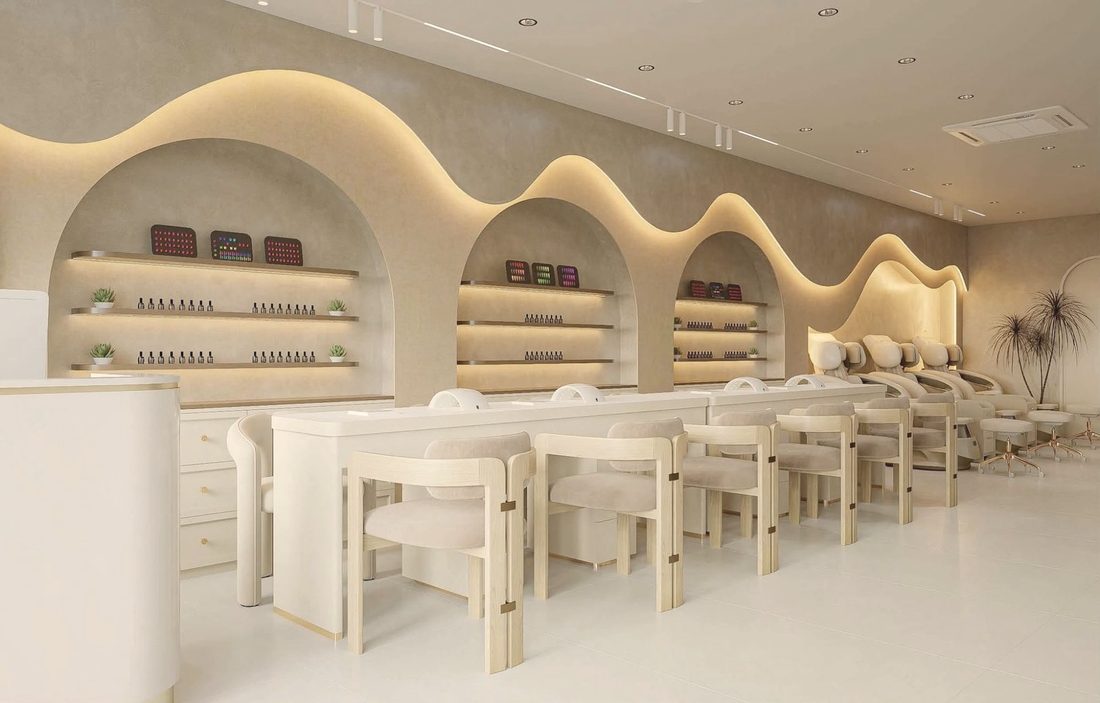 The nail bar under the lit wave, with arched shelves of polish