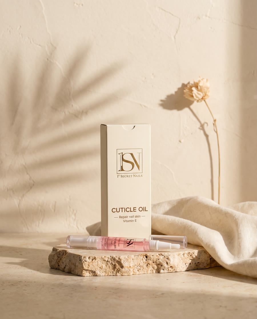 1st Secret Nails Cuticle Oil box and pen on travertine stone